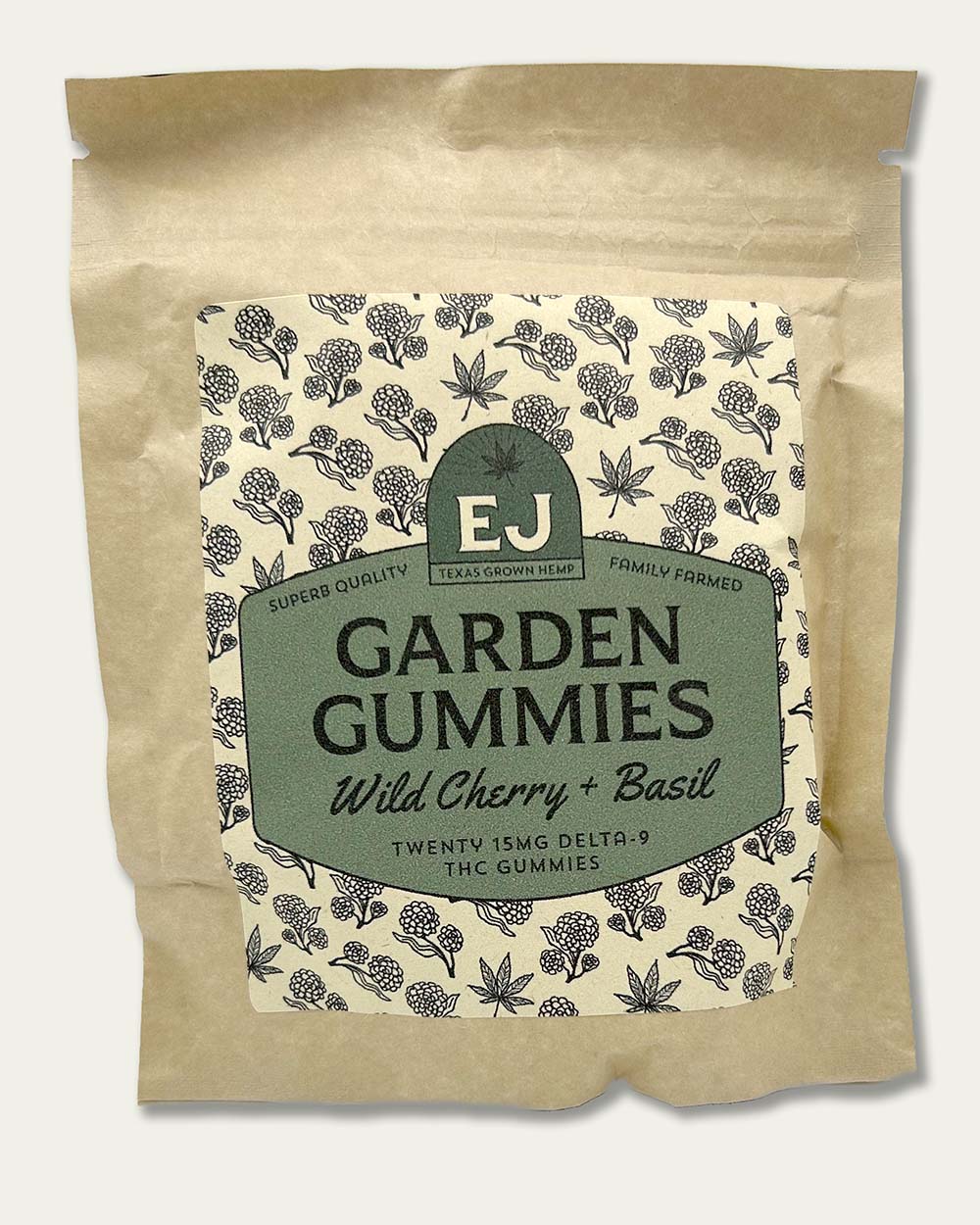 Garden Gummies Wild Cherry Basil One pouch contains 20 15mg gummies, 300mg total of Delta-9 THC