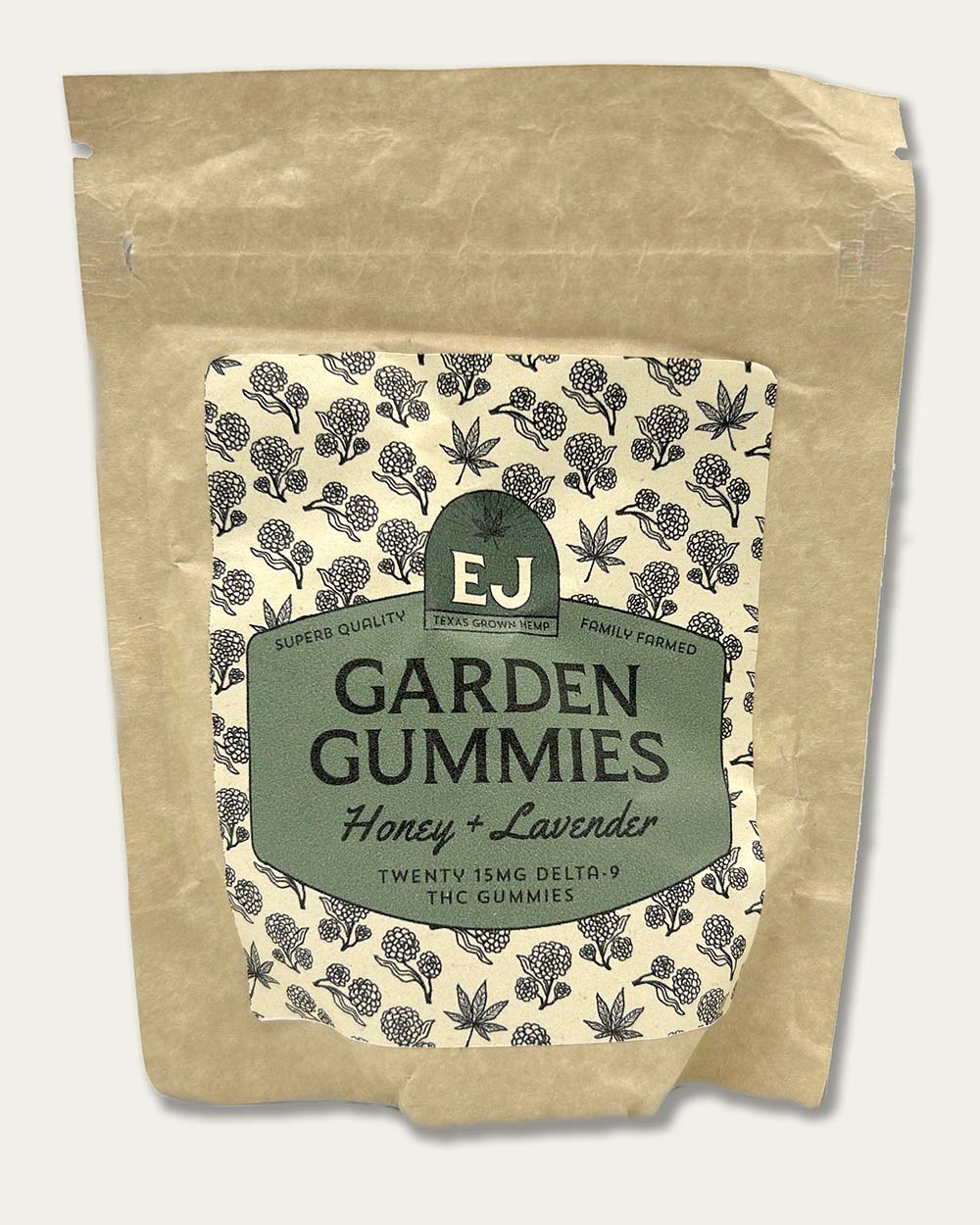 Garden Gummies Honey Lavender One pouch contains 20 15mg gummies, 300mg total of Delta-9 THC