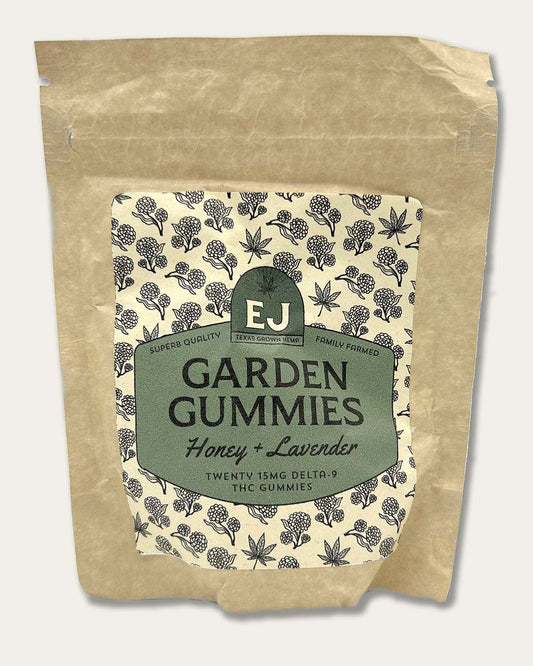 Garden Gummies Honey Lavender One pouch contains 20 15mg gummies, 300mg total of Delta-9 THC