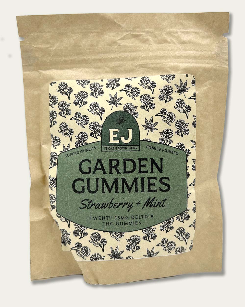 Garden Gummies Strawberry Mint One pouch contains 20 15mg gummies, 300mg total of Delta-9 THC