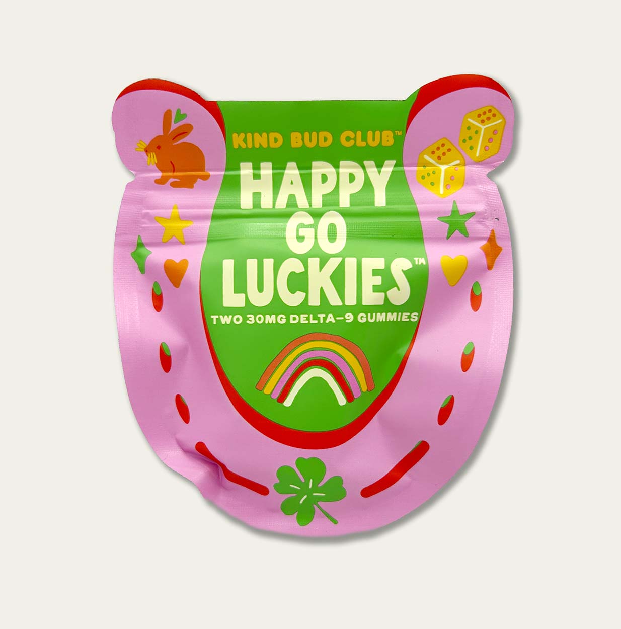 Happy Go Luckies One pouch contains 2 30mg gummies, 300mg total of Delta-9 THC watermelon mango sour apple