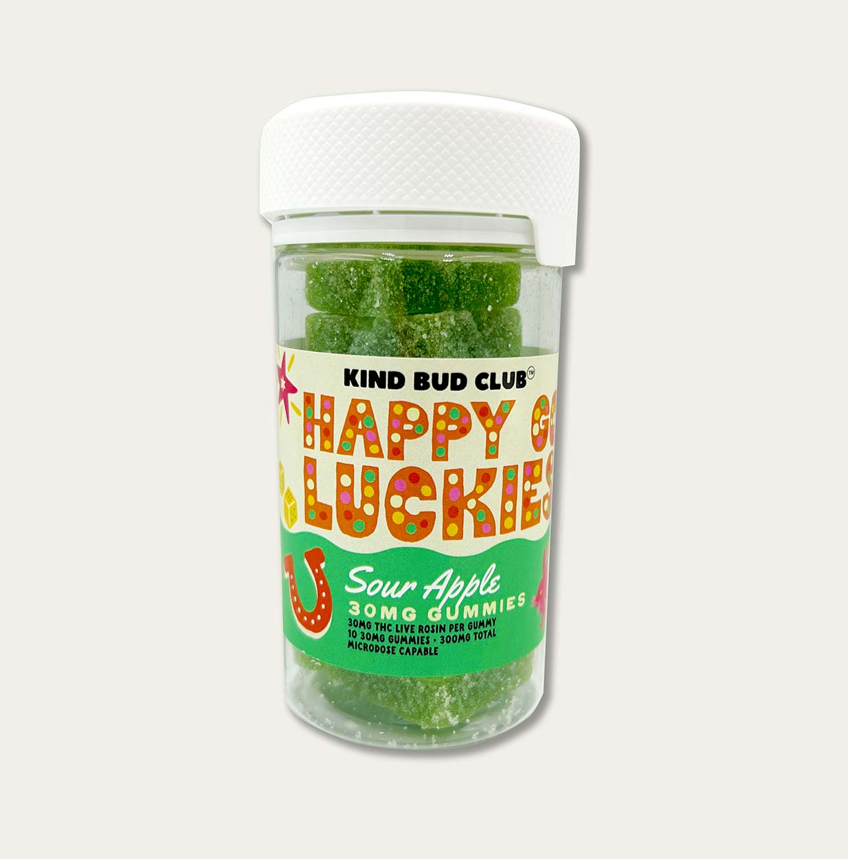 Happy Go Luckies One jar contains 10 30mg gummies, 300mg total of Delta-9 THC sour apple