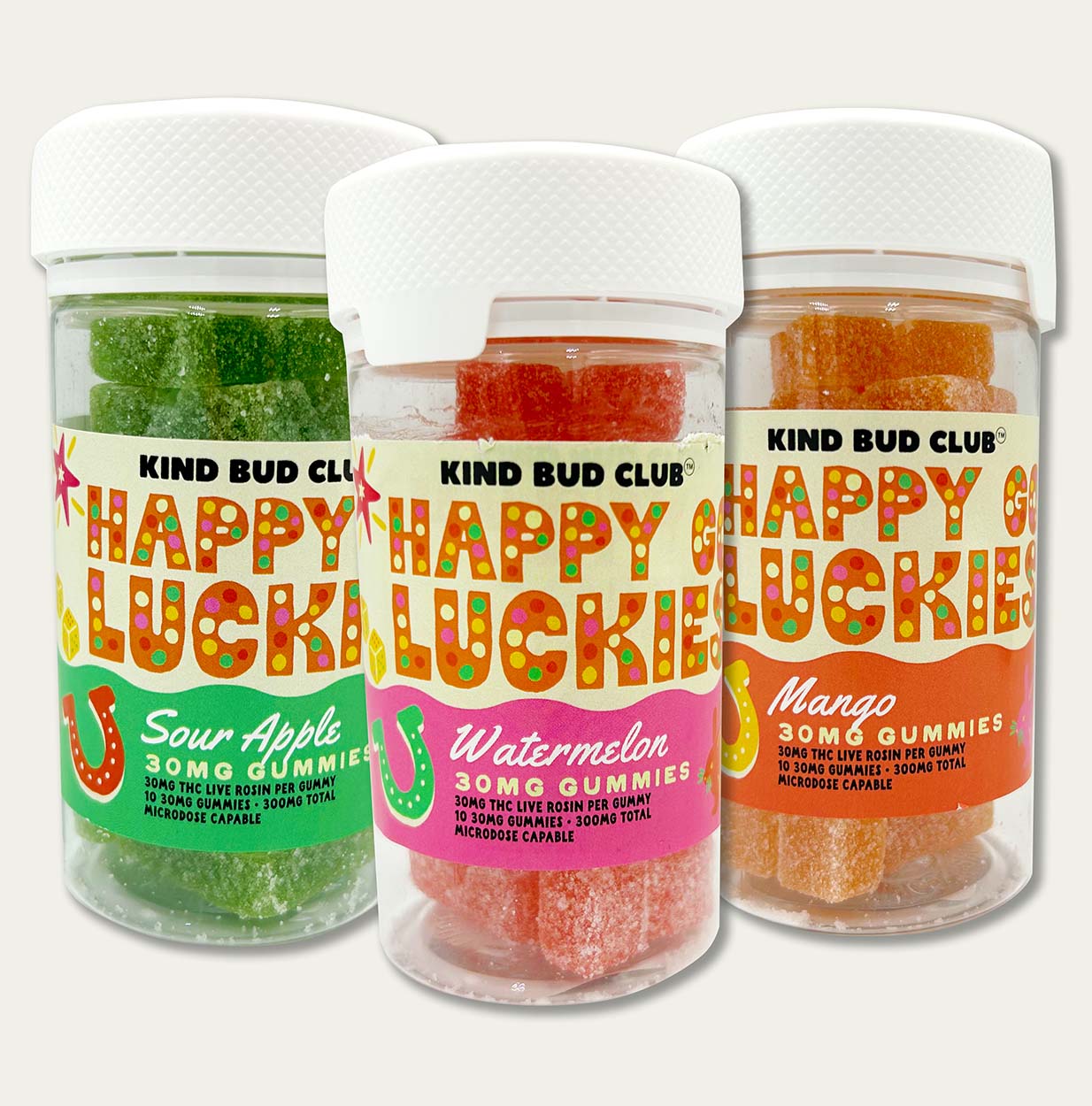 Happy Go Luckies One jar contains 10 30mg gummies, 300mg total of Delta-9 THC watermelon mango sour apple
