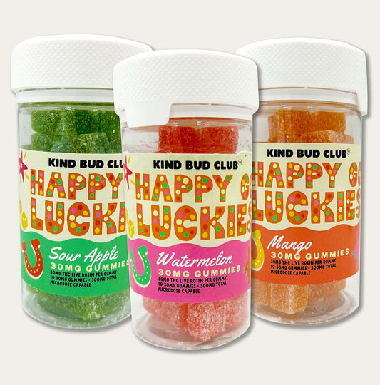 Happy Go Luckies One jar contains 10 30mg gummies, 300mg total of Delta-9 THC watermelon mango sour apple