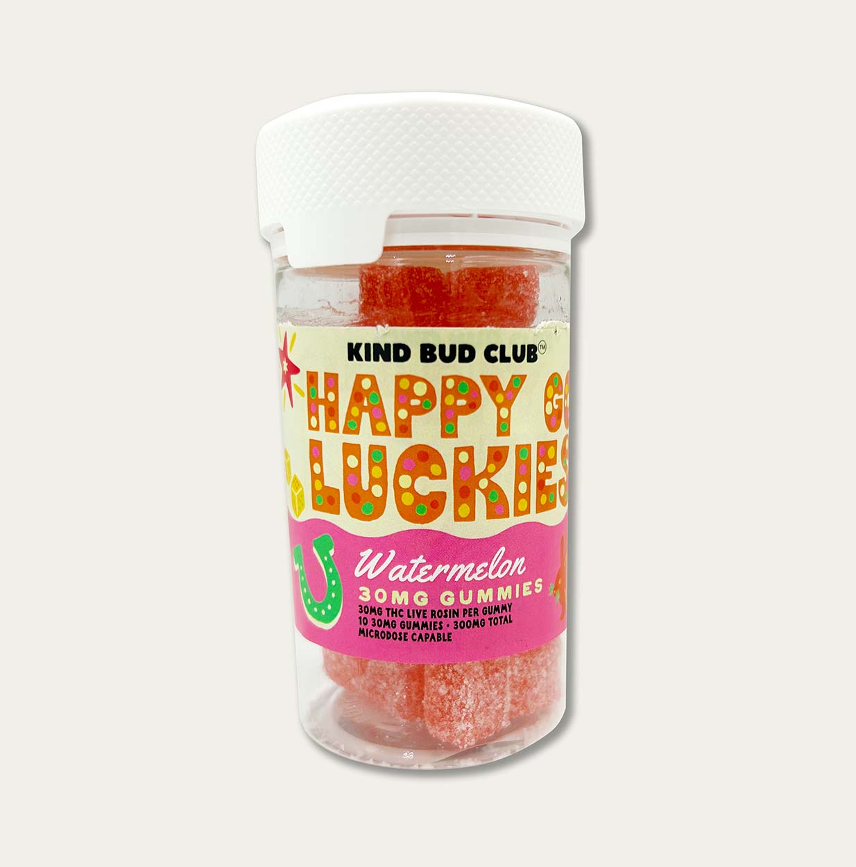 Happy Go Luckies One jar contains 10 30mg gummies, 300mg total of Delta-9 THC watermelon